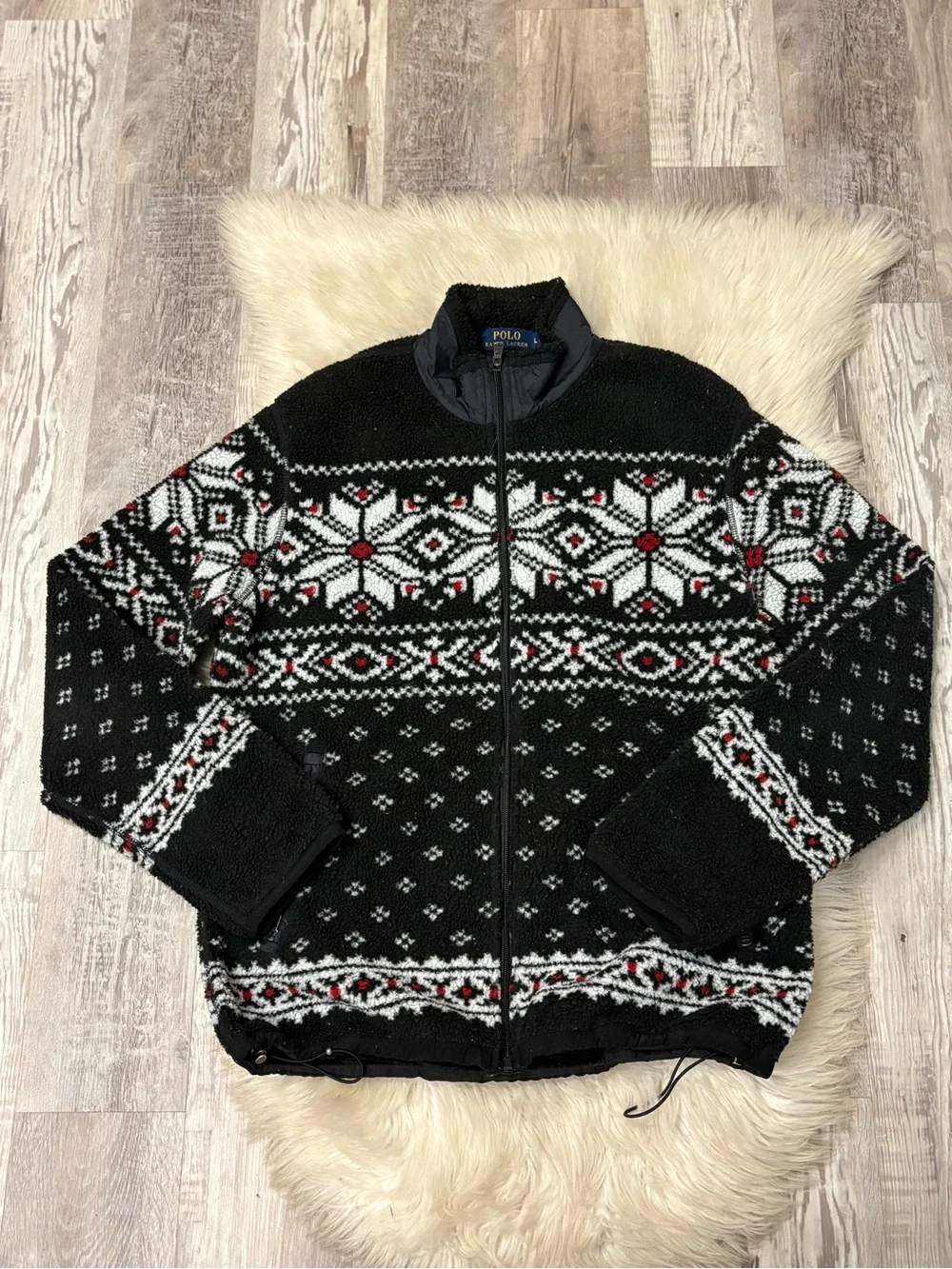 Vintage Polo by Ralph Lauren Black Fair Isle Zip-Up Sweater Jacket sz Large